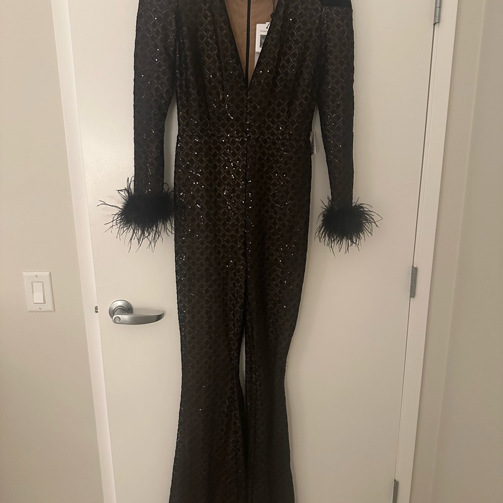 Elegant Black Sequin Jumpsuit with Feather Cuffs